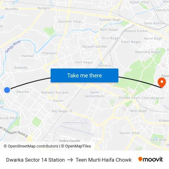 Dwarka Sector 14 Station to Teen Murti-Haifa Chowk map