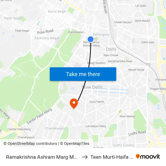Ramakrishna Ashram Marg Metro Station to Teen Murti-Haifa Chowk map