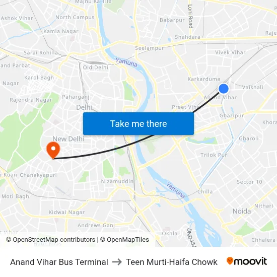Anand Vihar Bus Terminal to Teen Murti-Haifa Chowk map