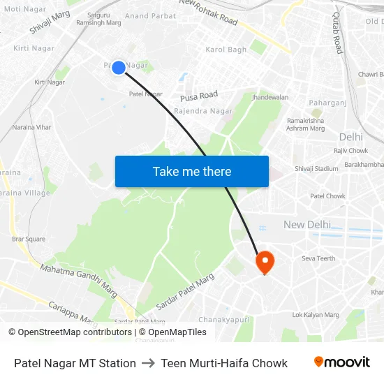 Patel Nagar MT Station to Teen Murti-Haifa Chowk map