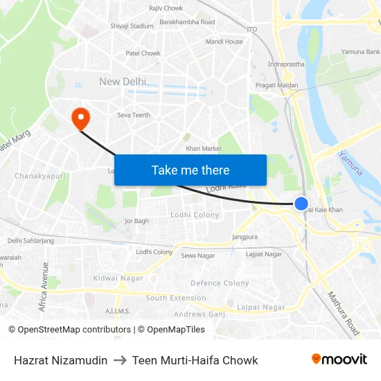 Hazrat Nizamudin to Teen Murti-Haifa Chowk map