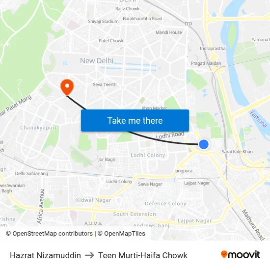 Hazrat Nizamuddin to Teen Murti-Haifa Chowk map