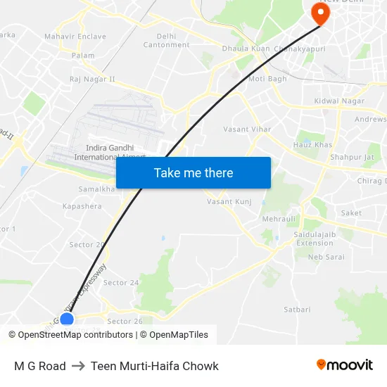 M G Road to Teen Murti-Haifa Chowk map