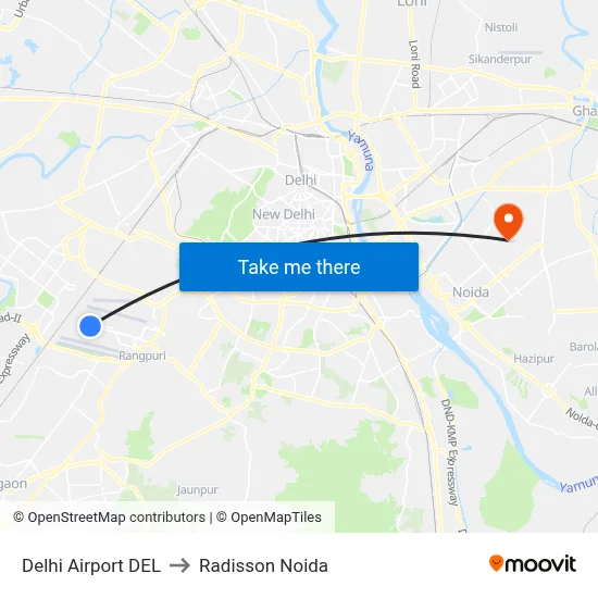 Delhi Airport DEL to Radisson Noida map