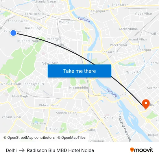 Delhi to Radisson Blu MBD Hotel Noida map