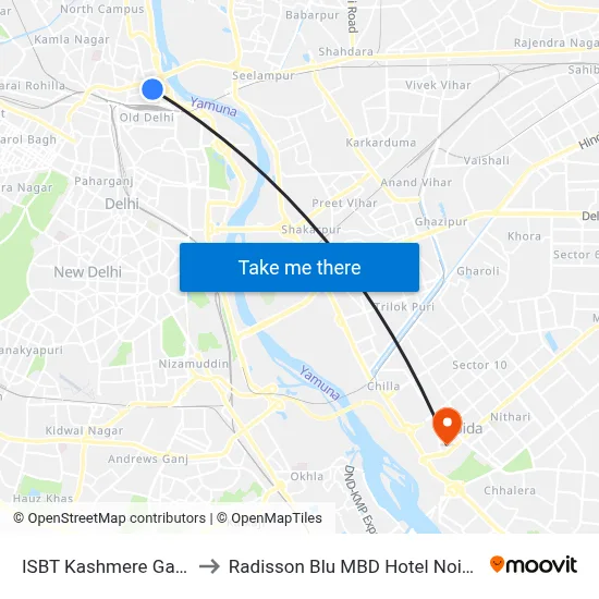 ISBT Kashmere Gate to Radisson Blu MBD Hotel Noida map