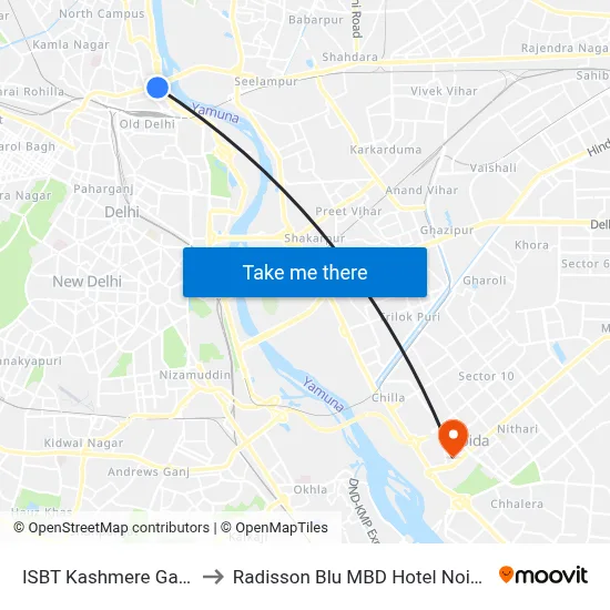 ISBT Kashmere Gate to Radisson Blu MBD Hotel Noida map