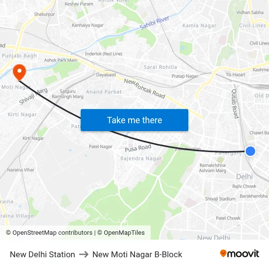 New Delhi Station to New Moti Nagar B-Block map