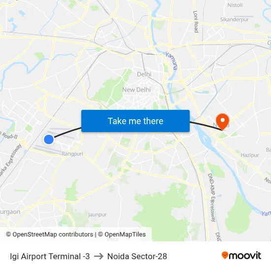 Igi Airport Terminal -3 to Noida Sector-28 map