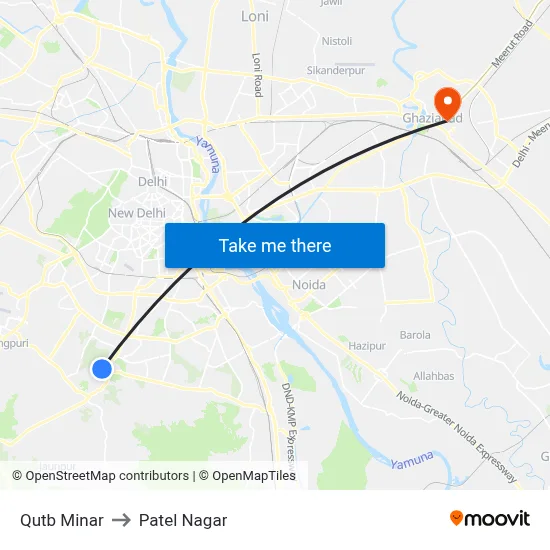 Qutb Minar to Patel Nagar map