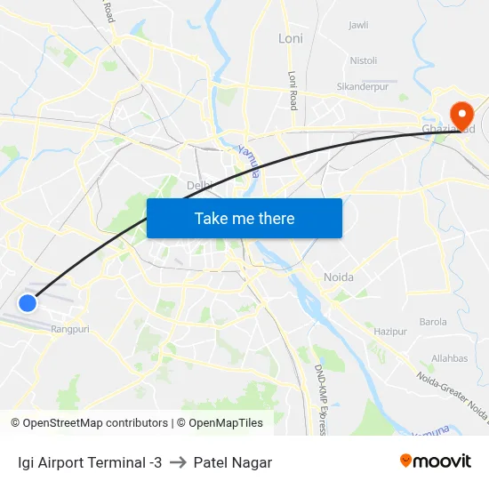 Igi Airport Terminal -3 to Patel Nagar map