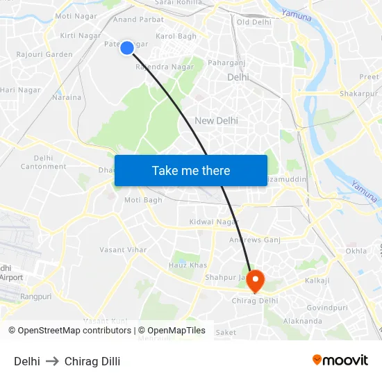 Delhi to Chirag Dilli map