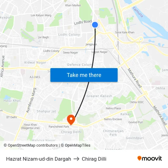 Hazrat Nizam-ud-din Dargah to Chirag Dilli map
