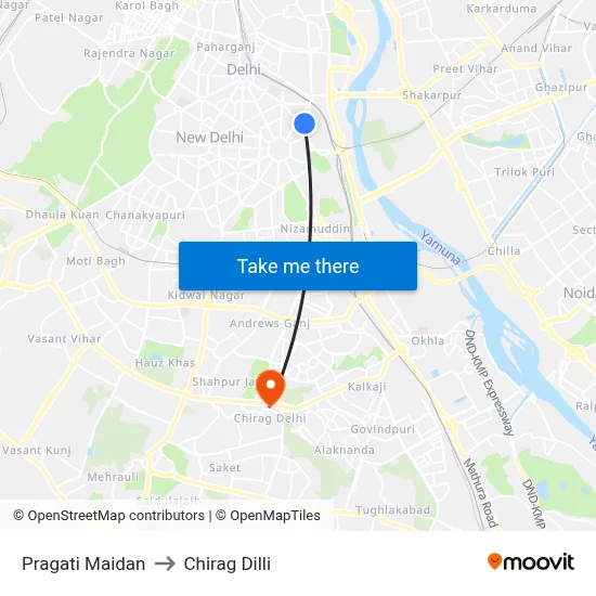 Pragati Maidan to Chirag Dilli map