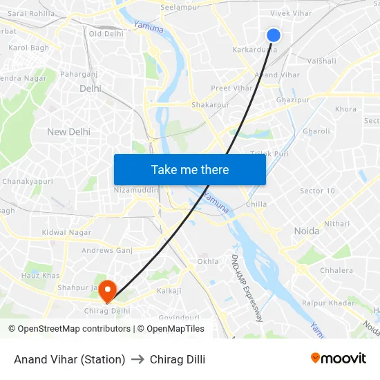 Anand Vihar (Station) to Chirag Dilli map