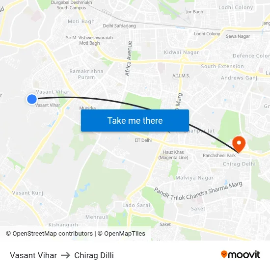 Vasant Vihar to Chirag Dilli map