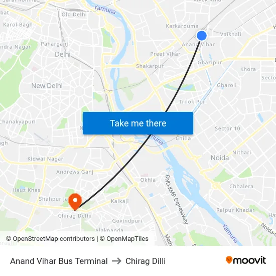 Anand Vihar Bus Terminal to Chirag Dilli map