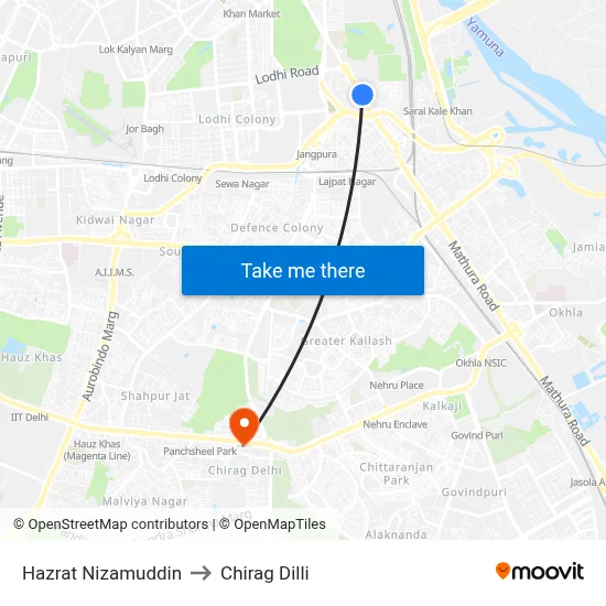 हज़रत निज़ामुद्दीन to चिराग दिल्ली map