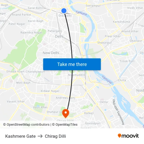 Kashmere Gate to Chirag Dilli map