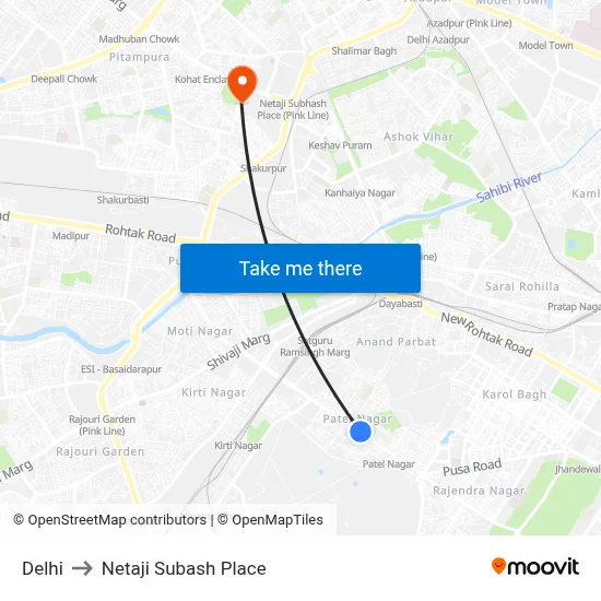 Delhi to Netaji Subash Place map