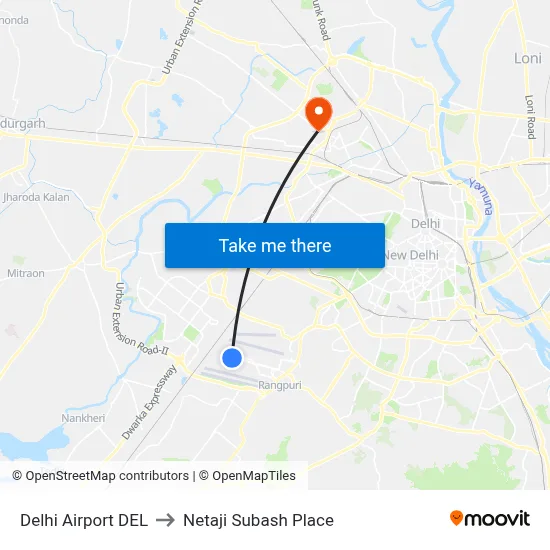 Delhi Airport DEL to Netaji Subash Place map