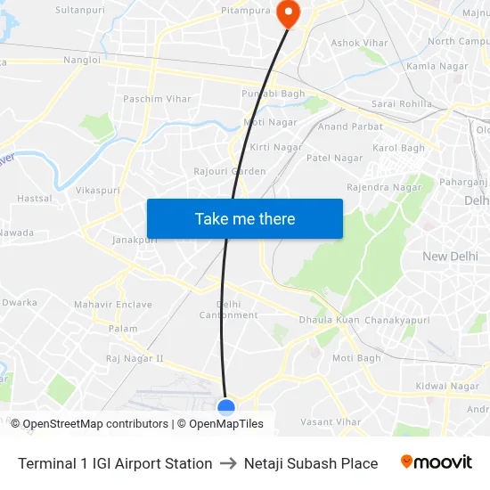 Terminal 1 IGI Airport Station to Netaji Subash Place map