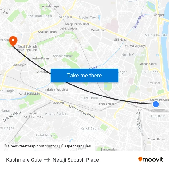 Kashmere Gate to Netaji Subash Place map