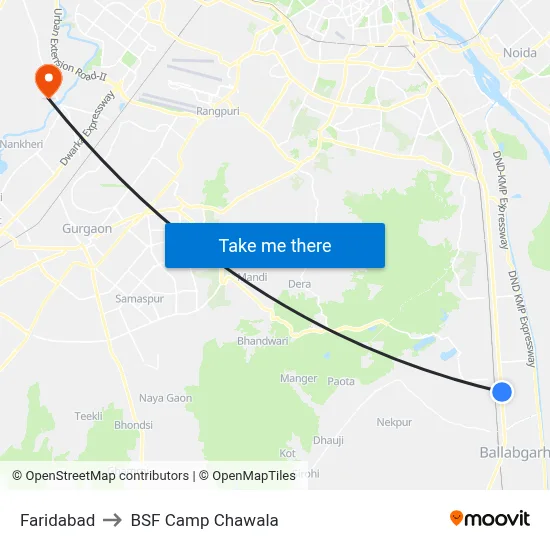 Faridabad to BSF Camp Chawala map