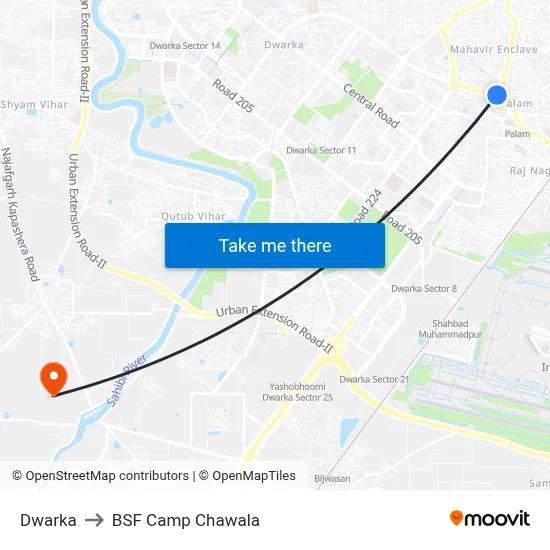 Dwarka to BSF Camp Chawala map