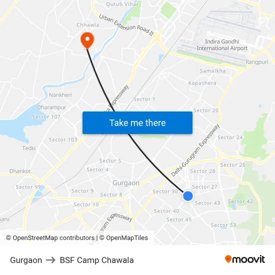 Gurgaon to BSF Camp Chawala map