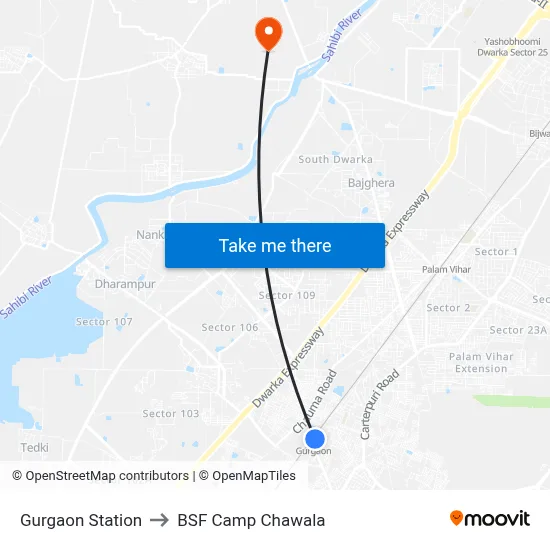 Gurgaon Station to BSF Camp Chawala map