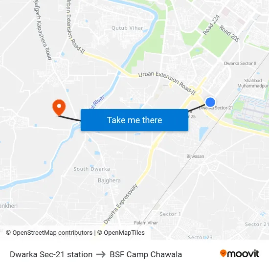 Dwarka Sec-21 station to BSF Camp Chawala map