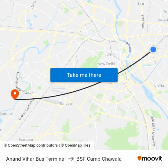 Anand Vihar Bus Terminal to BSF Camp Chawala map