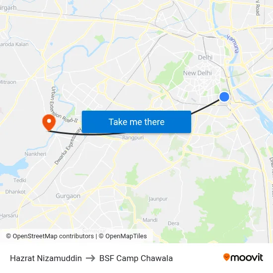 Hazrat Nizamuddin to BSF Camp Chawala map