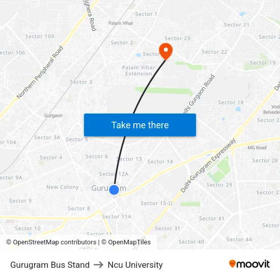 Gurugram Bus Stand to Ncu University map