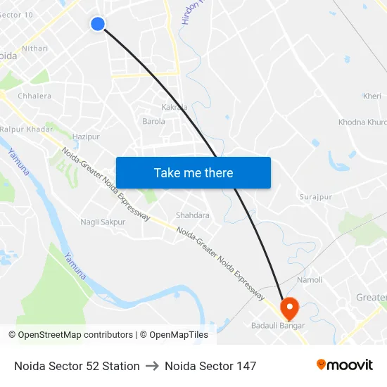 Noida Sector 52 Station to Noida Sector 147 map