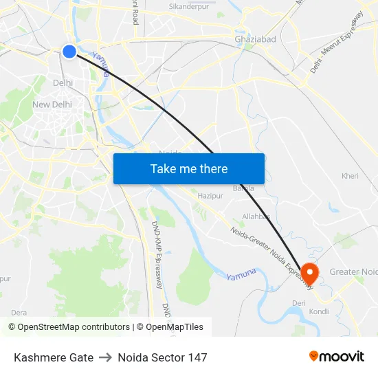 Kashmere Gate to Noida Sector 147 map