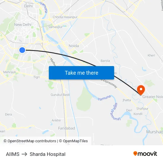 AIIMS to Sharda Hospital map