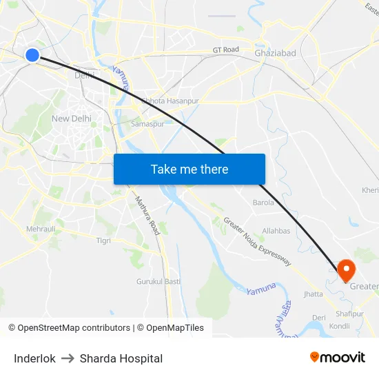 Inderlok to Sharda Hospital map