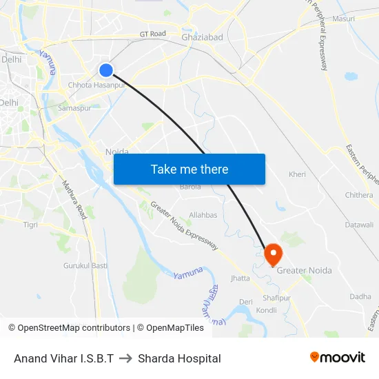 Anand Vihar I.S.B.T to Sharda Hospital map