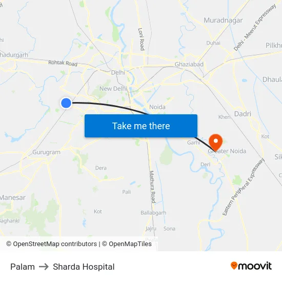 Palam to Sharda Hospital map
