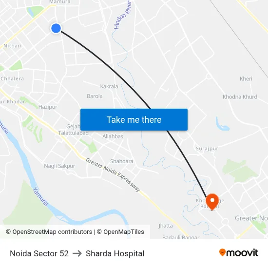 Noida Sector 52 to Sharda Hospital map