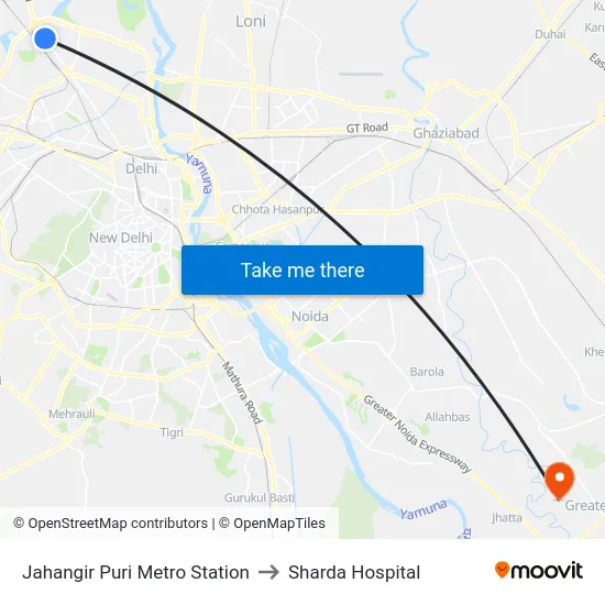 Jahangir Puri Metro Station to Sharda Hospital map