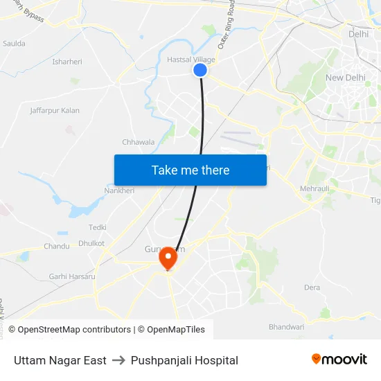 Uttam Nagar East to Pushpanjali Hospital map