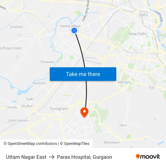 Uttam Nagar East to Paras Hospital, Gurgaon map