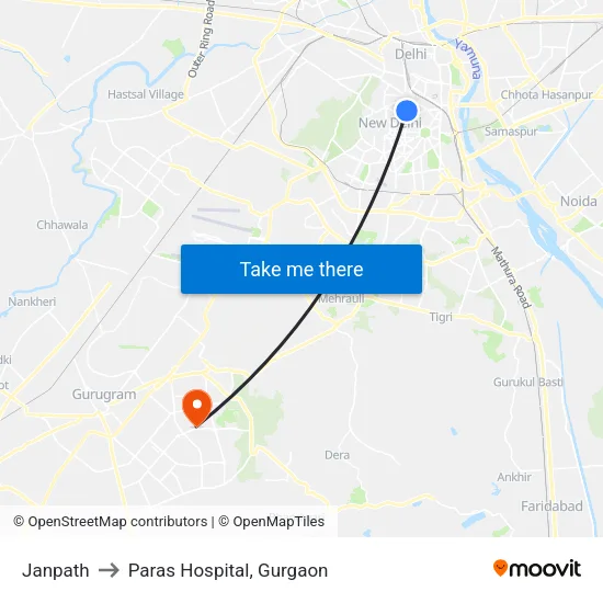 Janpath to Paras Hospital, Gurgaon map