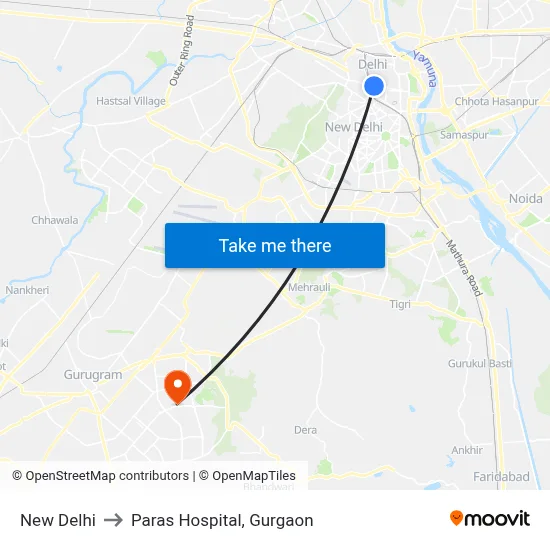 New Delhi to Paras Hospital, Gurgaon map