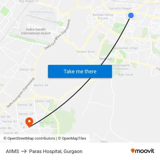 AIIMS to Paras Hospital, Gurgaon map