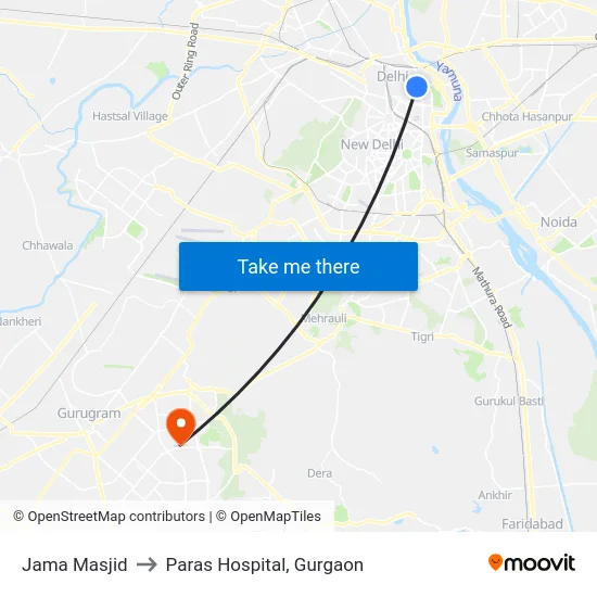 Jama Masjid to Paras Hospital, Gurgaon map