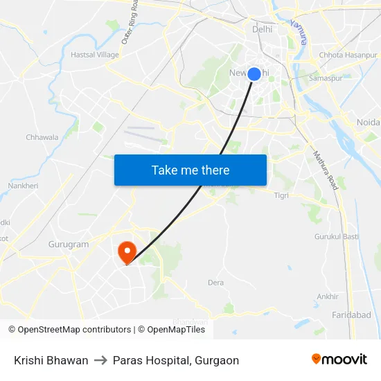Krishi Bhawan to Paras Hospital, Gurgaon map